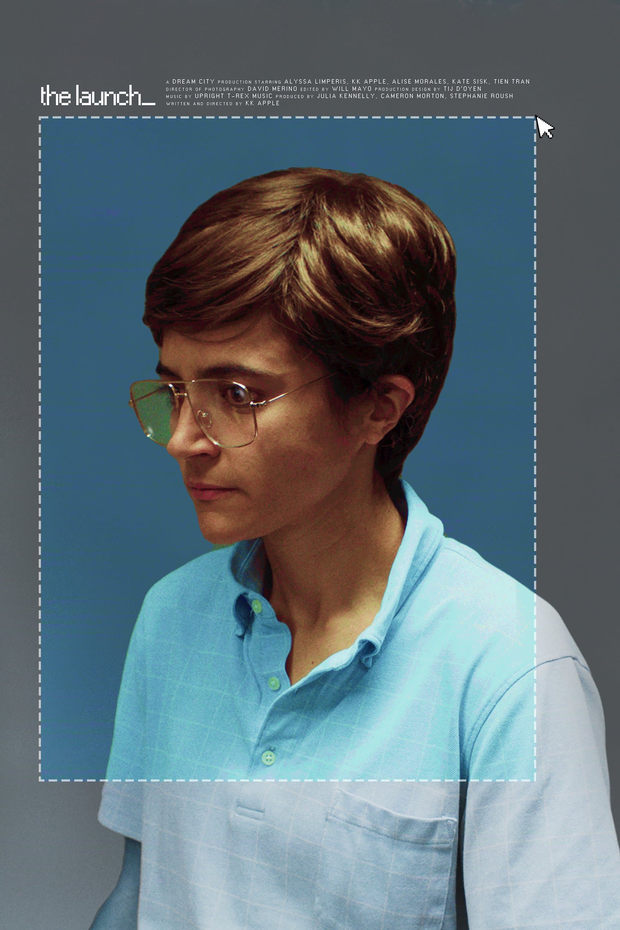 Poster for THE LAUNCH — KK Apple in aviator glasses and a blue shirt against a blue backdrop.