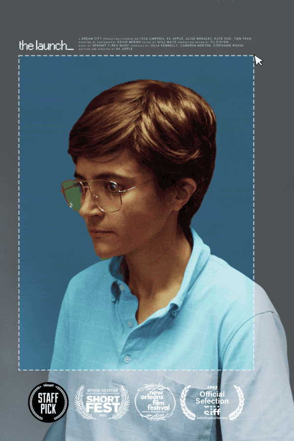 Poster for THE LAUNCH — KK Apple in aviator glasses and a blue shirt against a blue backdrop, with a Vimeo Staff Pick badge and festival laurels.
