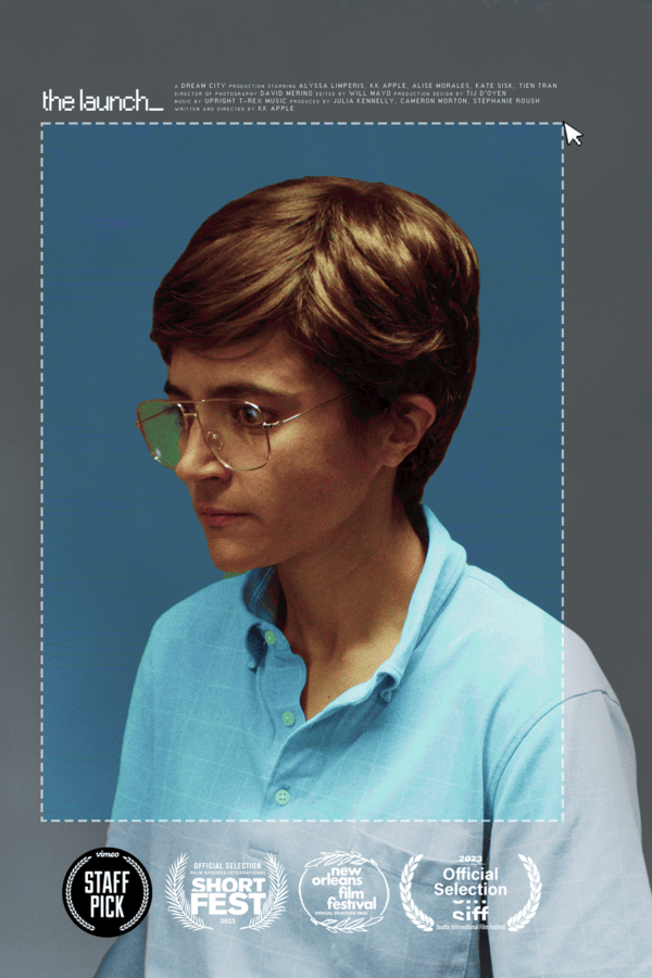 Poster for THE LAUNCH — KK Apple in aviator glasses and a blue shirt against a blue backdrop, with a Vimeo Staff Pick badge and festival laurels.